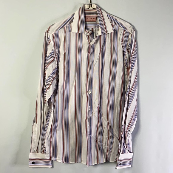 Thomas Pink Stripe French Cuff Dress Shirt 15 - Picture 2 of 5